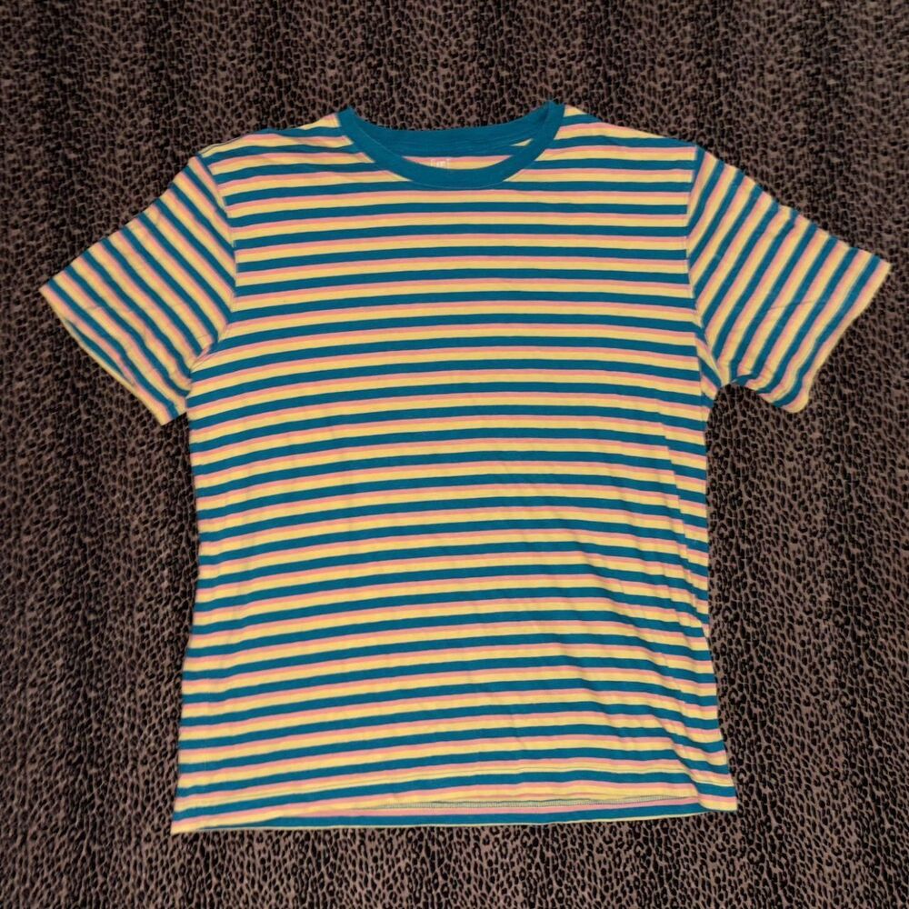 George Retro Striped T-Shirt Blue Peach Orange Size L 90s Y2K